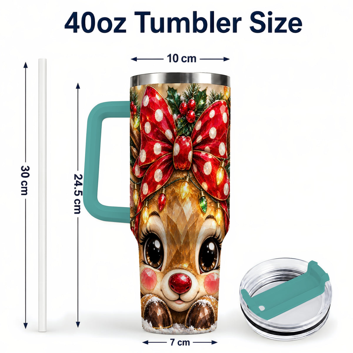 #pl[40oz|Green] Jeweled Reindeer 40oz Tumbler with Handle, Holiday Stainless Steel Cup