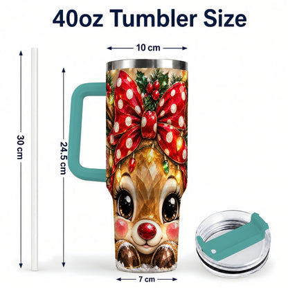 #pl[40oz|Green] Jeweled Reindeer 40oz Tumbler with Handle, Holiday Stainless Steel Cup