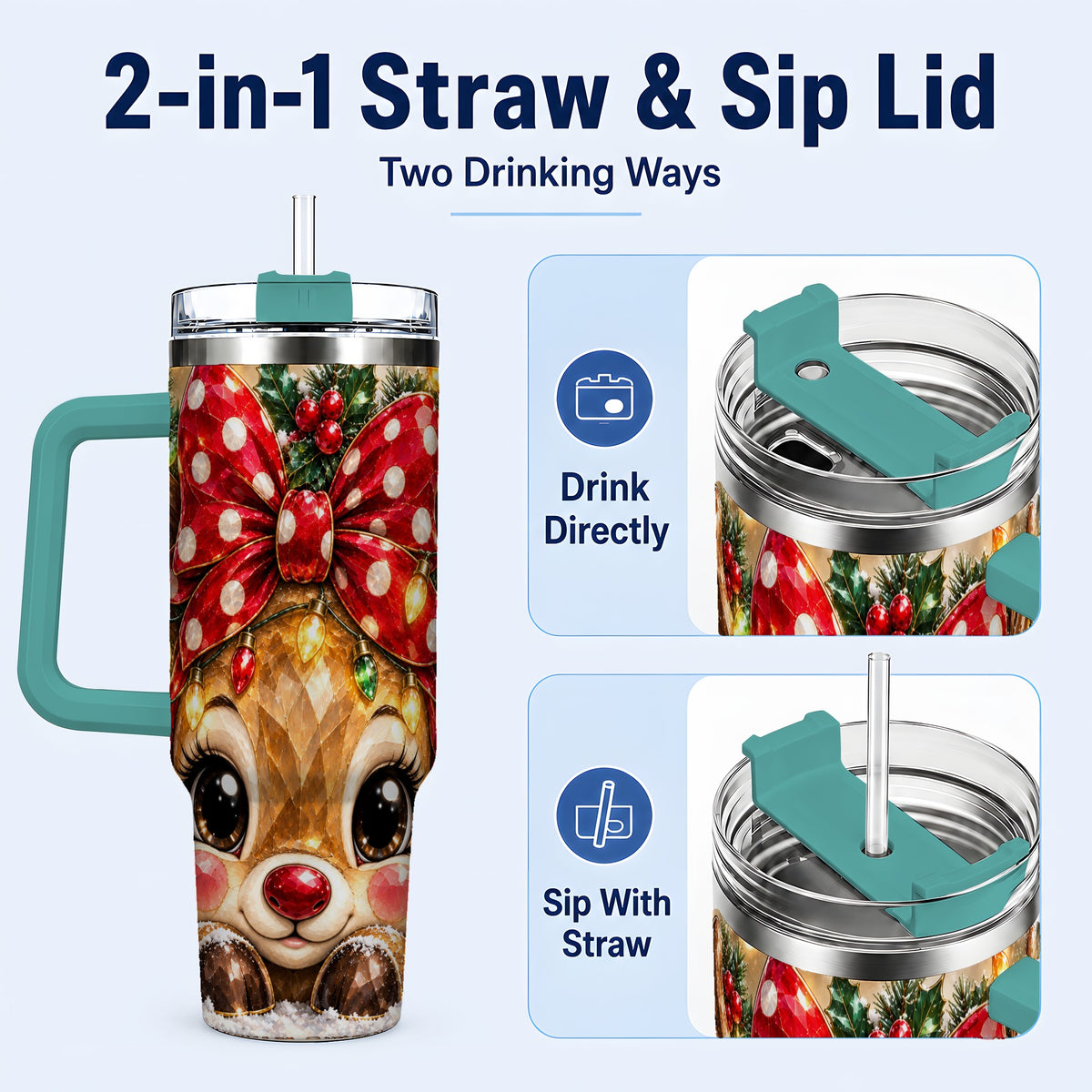 #pl[40oz|Green] Jeweled Reindeer 40oz Tumbler with Handle, Holiday Stainless Steel Cup