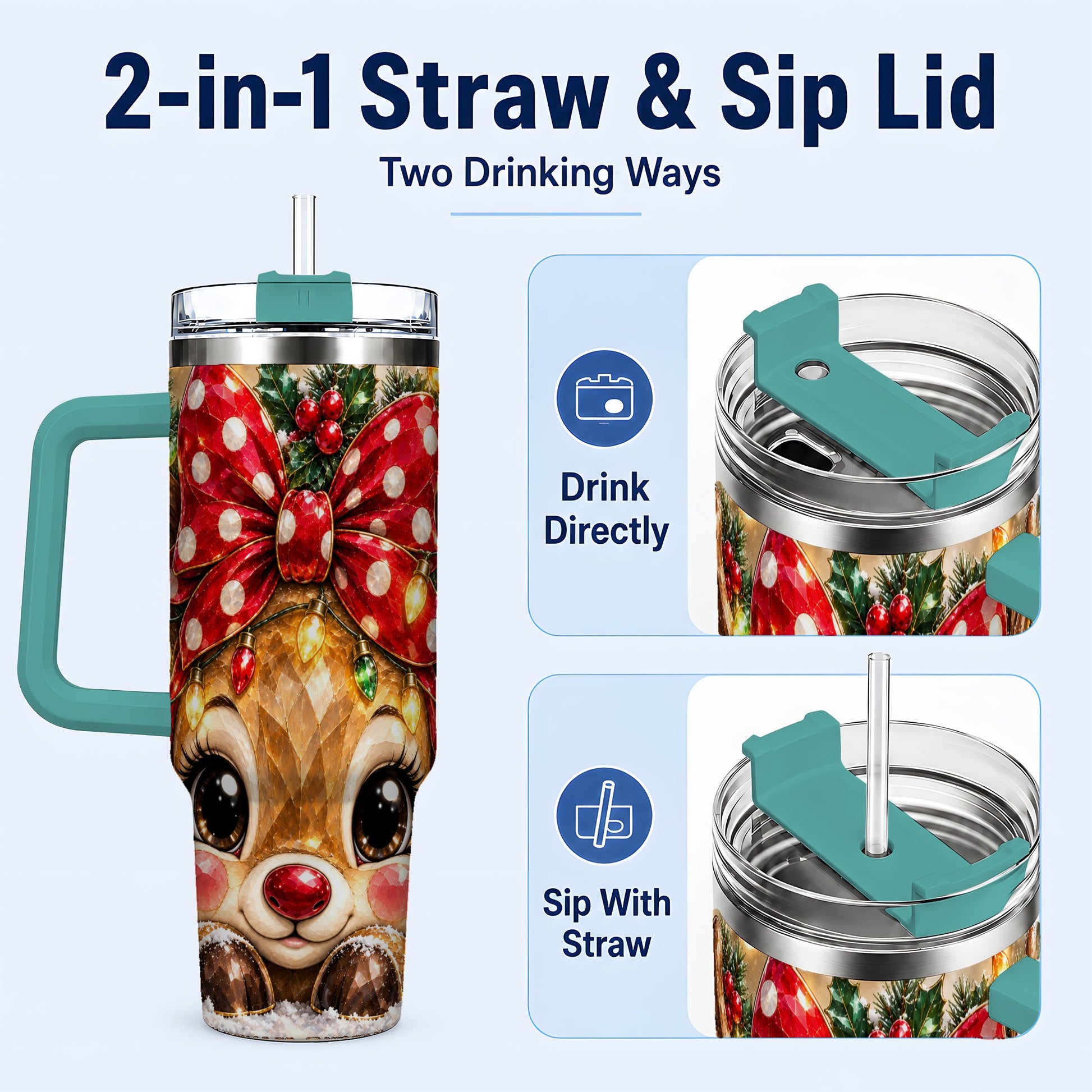 #pl[40oz|Green] Jeweled Reindeer 40oz Tumbler with Handle, Holiday Stainless Steel Cup