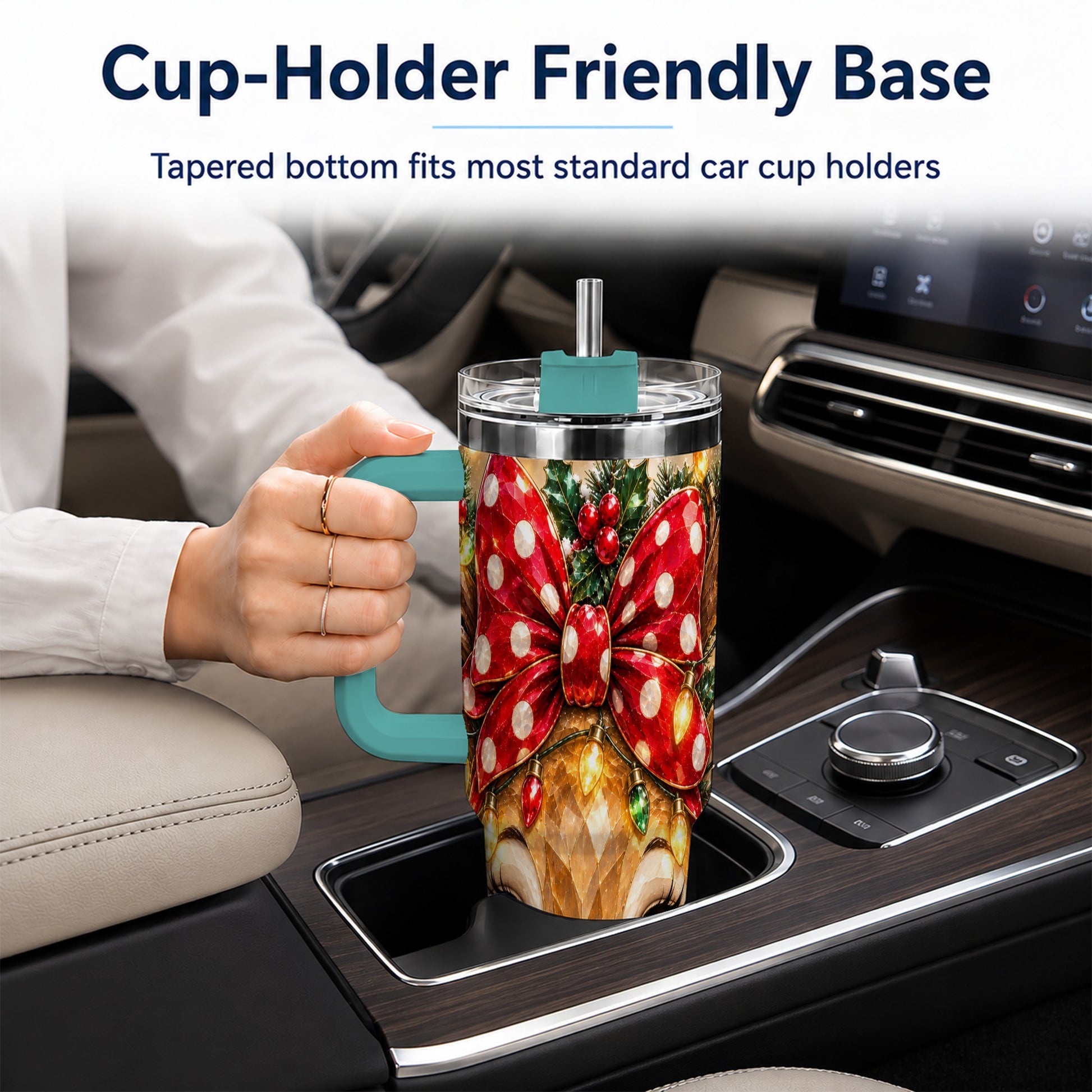 #pl[40oz|Green] Jeweled Reindeer 40oz Tumbler with Handle, Holiday Stainless Steel Cup