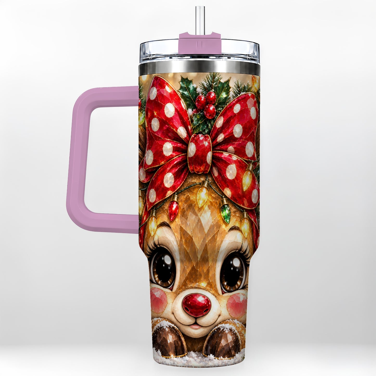 #pl[40oz|Pink] Jeweled Reindeer 40oz Tumbler with Handle, Holiday Stainless Steel Cup