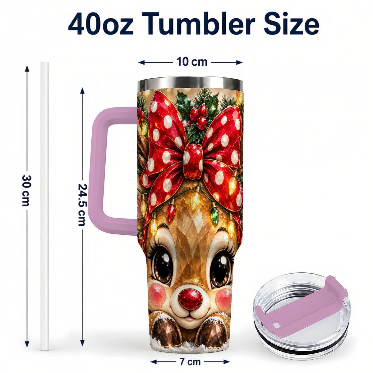 #pl[40oz|Pink] Jeweled Reindeer 40oz Tumbler with Handle, Holiday Stainless Steel Cup