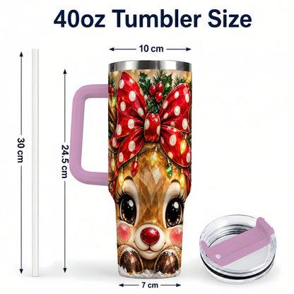 #pl[40oz|Pink] Jeweled Reindeer 40oz Tumbler with Handle, Holiday Stainless Steel Cup