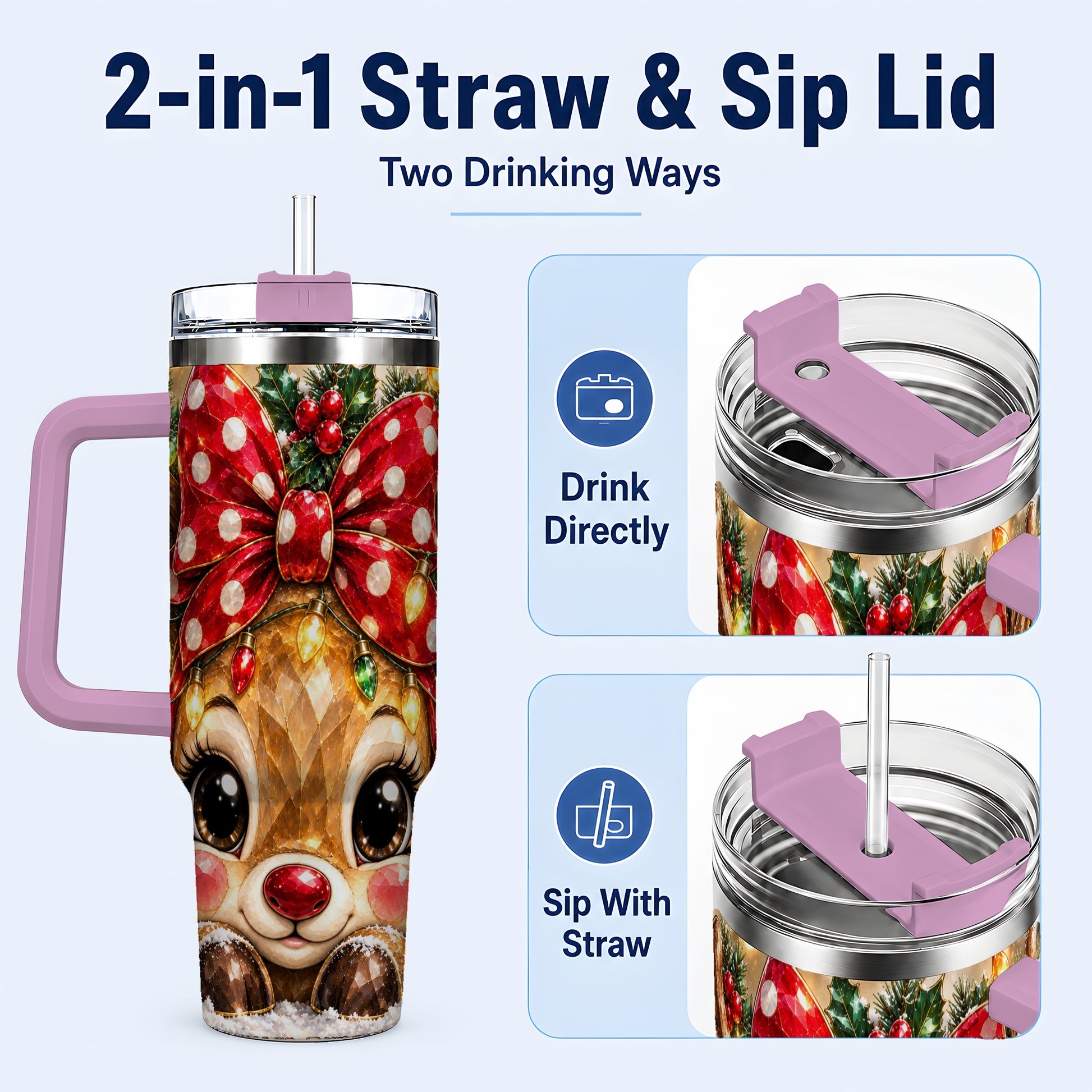 #pl[40oz|Pink] Jeweled Reindeer 40oz Tumbler with Handle, Holiday Stainless Steel Cup