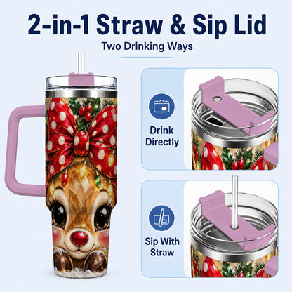 #pl[40oz|Pink] Jeweled Reindeer 40oz Tumbler with Handle, Holiday Stainless Steel Cup