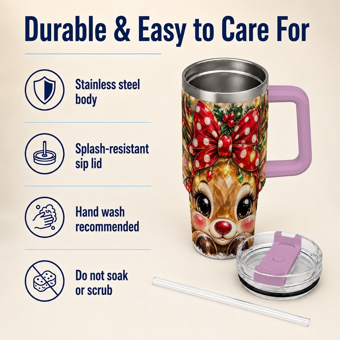 #pl[40oz|Pink] Jeweled Reindeer 40oz Tumbler with Handle, Holiday Stainless Steel Cup