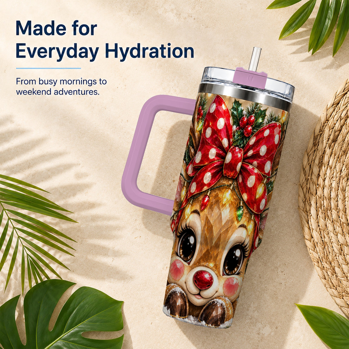 #pl[40oz|Pink] Jeweled Reindeer 40oz Tumbler with Handle, Holiday Stainless Steel Cup