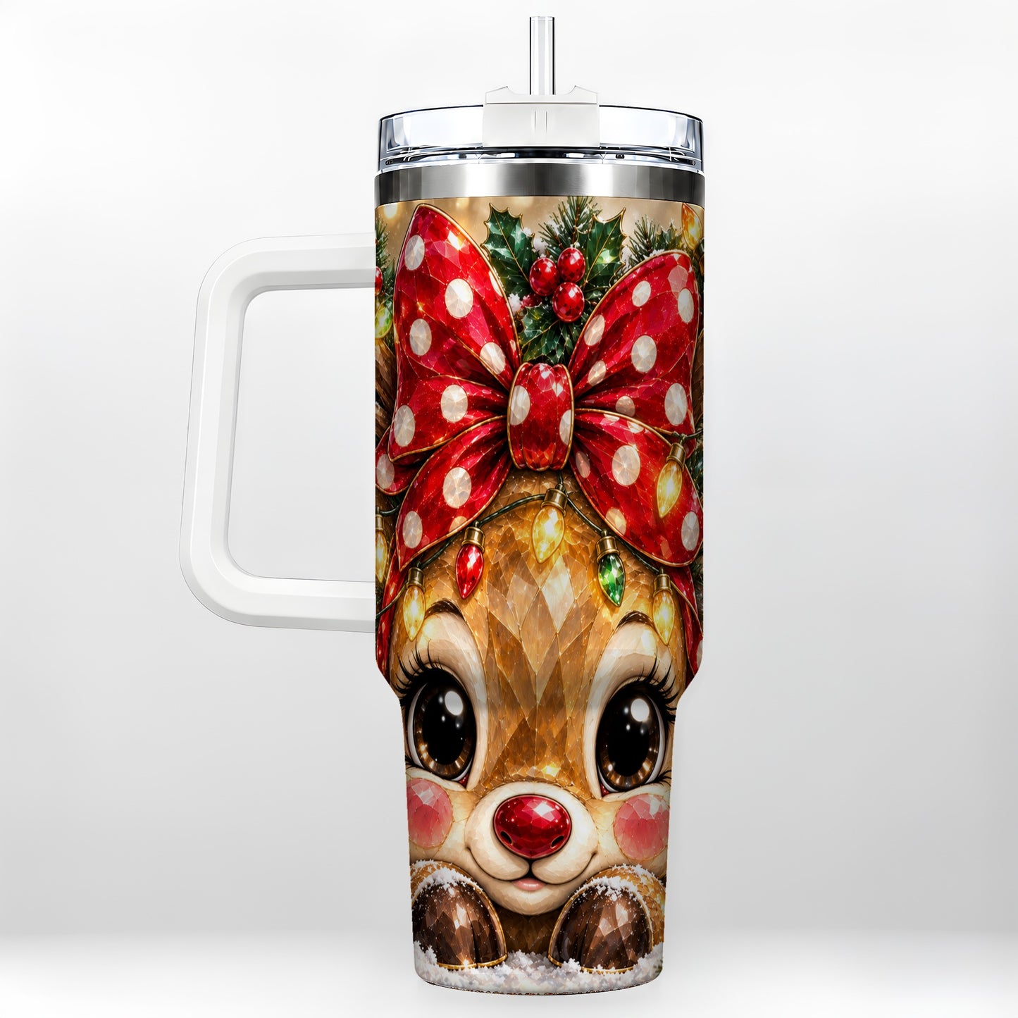 Jeweled Reindeer 40oz Tumbler with Handle, Holiday Stainless Steel Cup