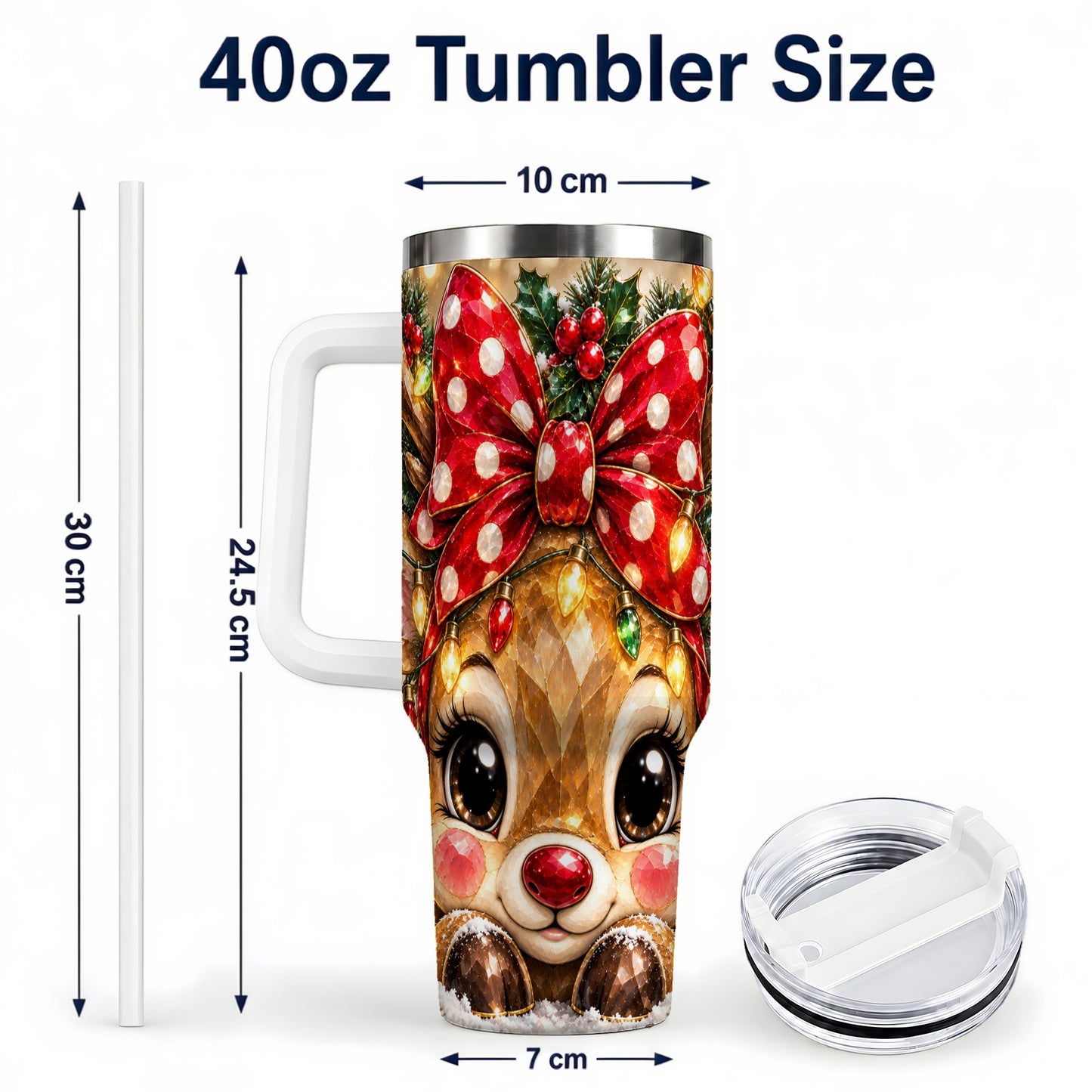 #pl[40oz|White] Jeweled Reindeer 40oz Tumbler with Handle, Holiday Stainless Steel Cup