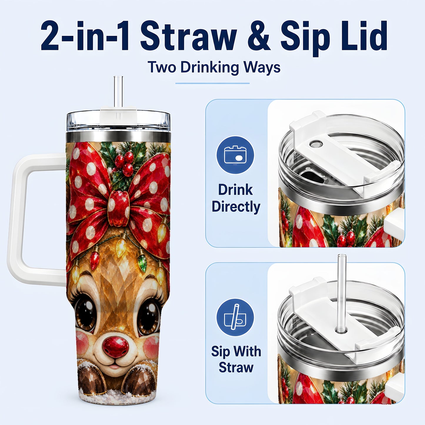 #pl[40oz|White] Jeweled Reindeer 40oz Tumbler with Handle, Holiday Stainless Steel Cup