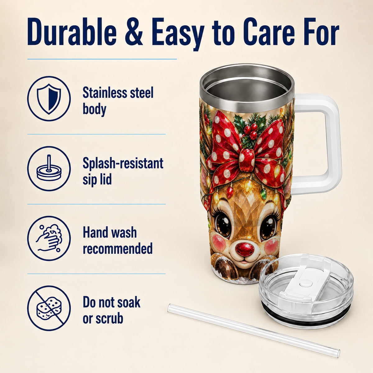#pl[40oz|White] Jeweled Reindeer 40oz Tumbler with Handle, Holiday Stainless Steel Cup