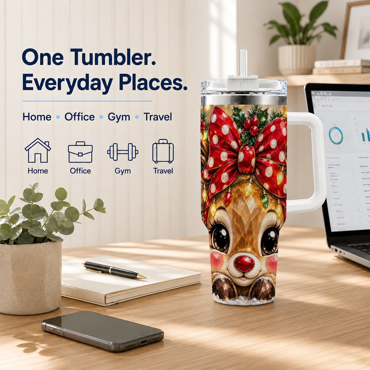 #pl[40oz|White] Jeweled Reindeer 40oz Tumbler with Handle, Holiday Stainless Steel Cup