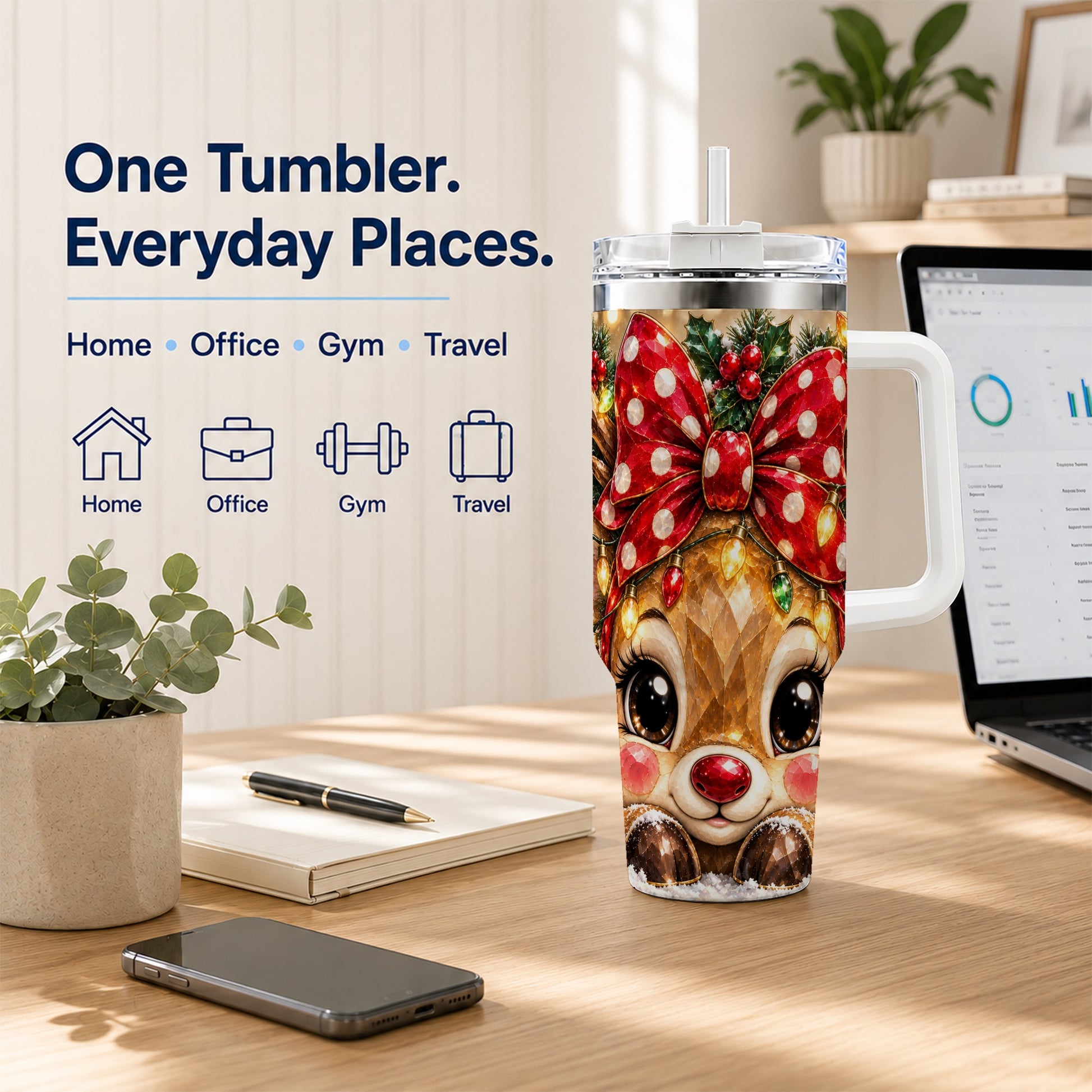 #pl[40oz|White] Jeweled Reindeer 40oz Tumbler with Handle, Holiday Stainless Steel Cup