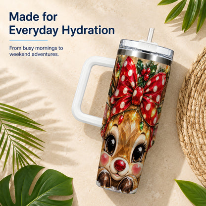#pl[40oz|White] Jeweled Reindeer 40oz Tumbler with Handle, Holiday Stainless Steel Cup