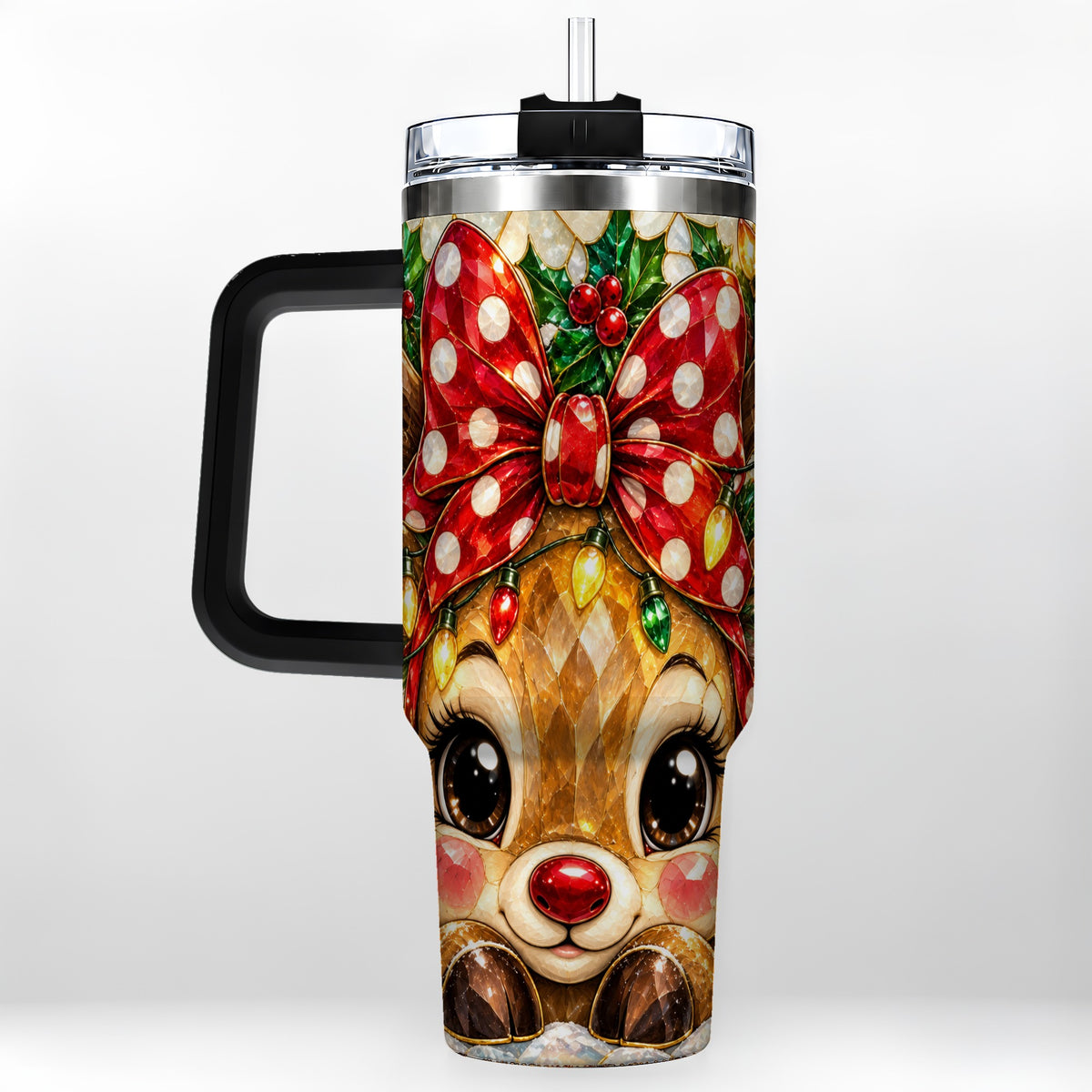#pl[40oz|Black] Mosaic Reindeer 40oz Tumbler with Handle, Christmas Stainless Steel Cup