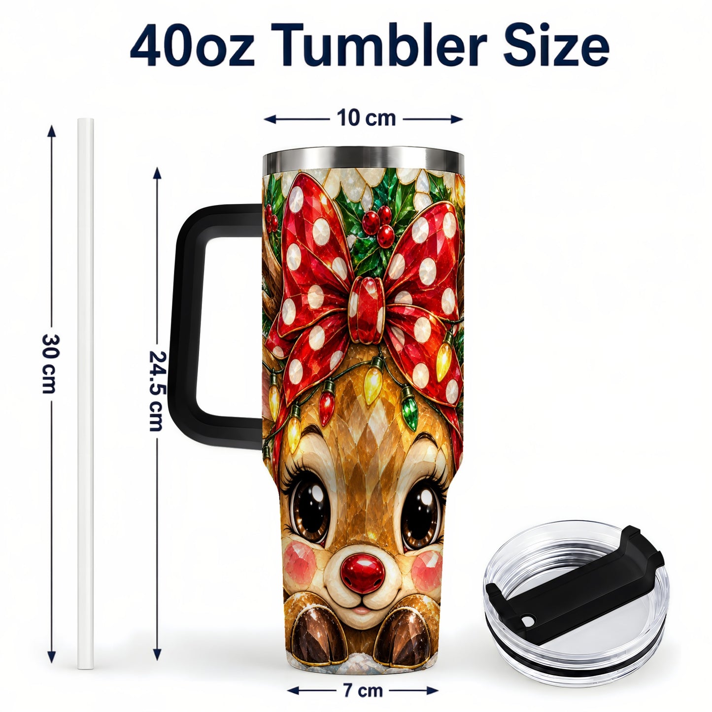 #pl[40oz|Black] Mosaic Reindeer 40oz Tumbler with Handle, Christmas Stainless Steel Cup