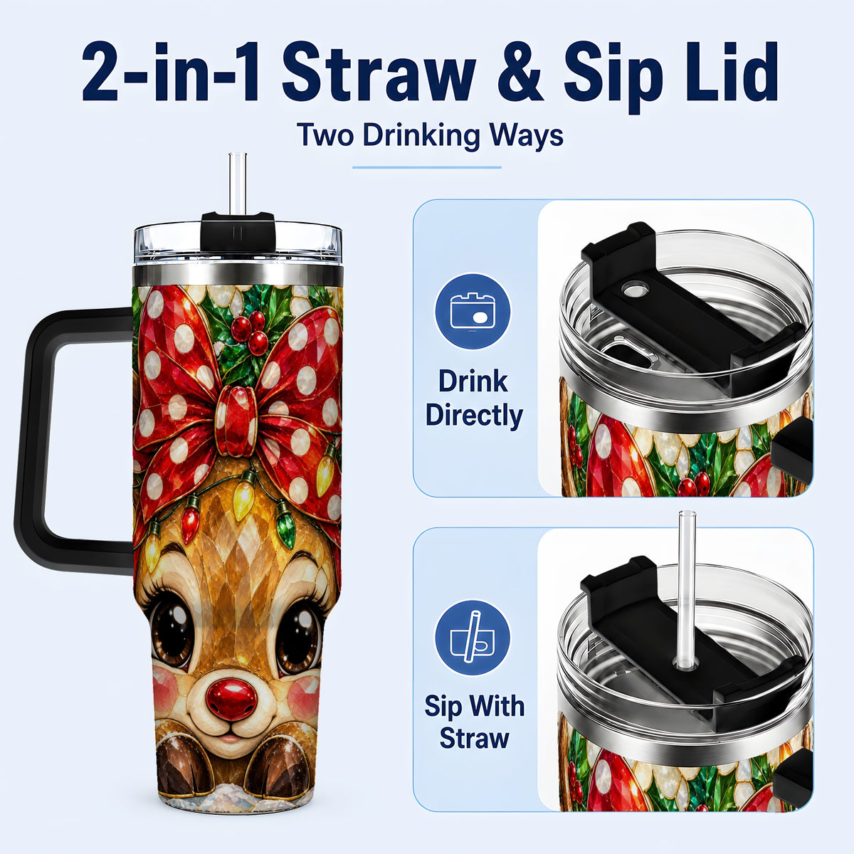 #pl[40oz|Black] Mosaic Reindeer 40oz Tumbler with Handle, Christmas Stainless Steel Cup