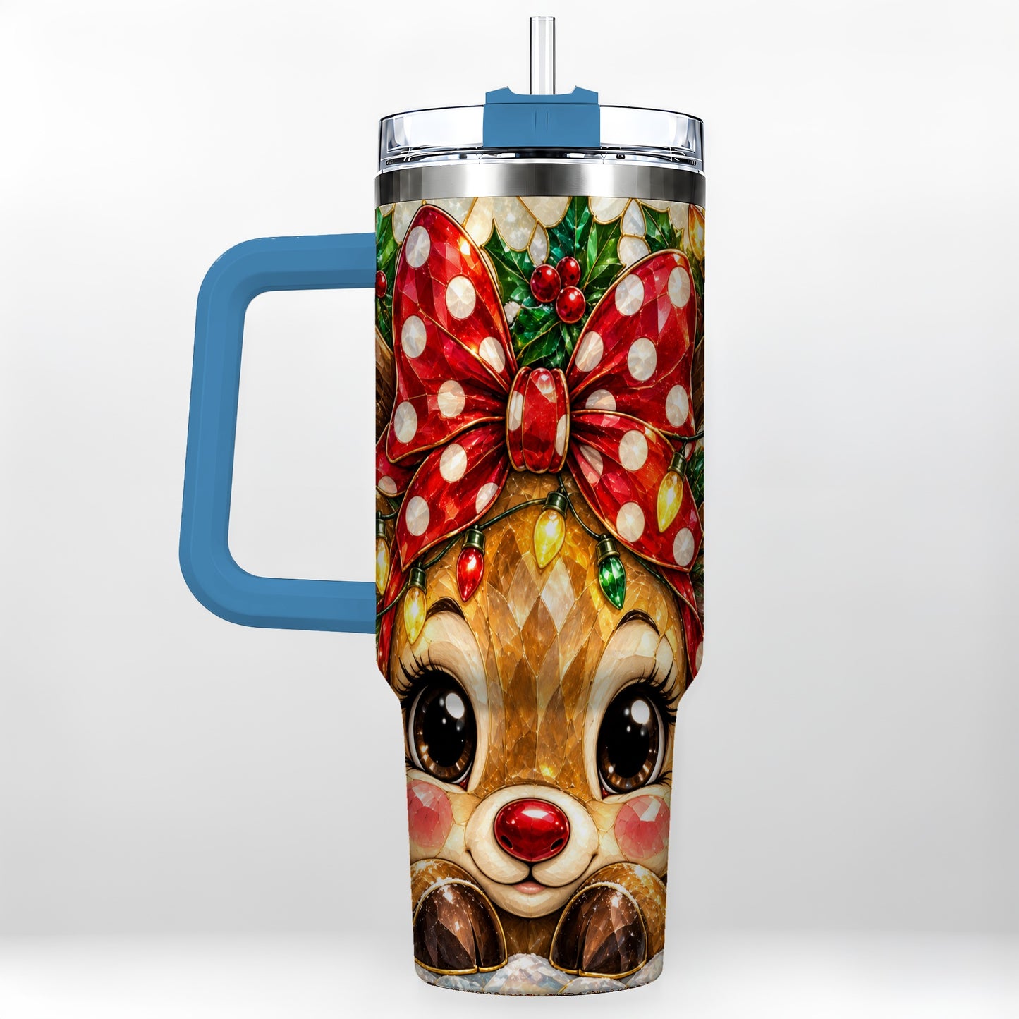 #pl[40oz|Blue] Mosaic Reindeer 40oz Tumbler with Handle, Christmas Stainless Steel Cup