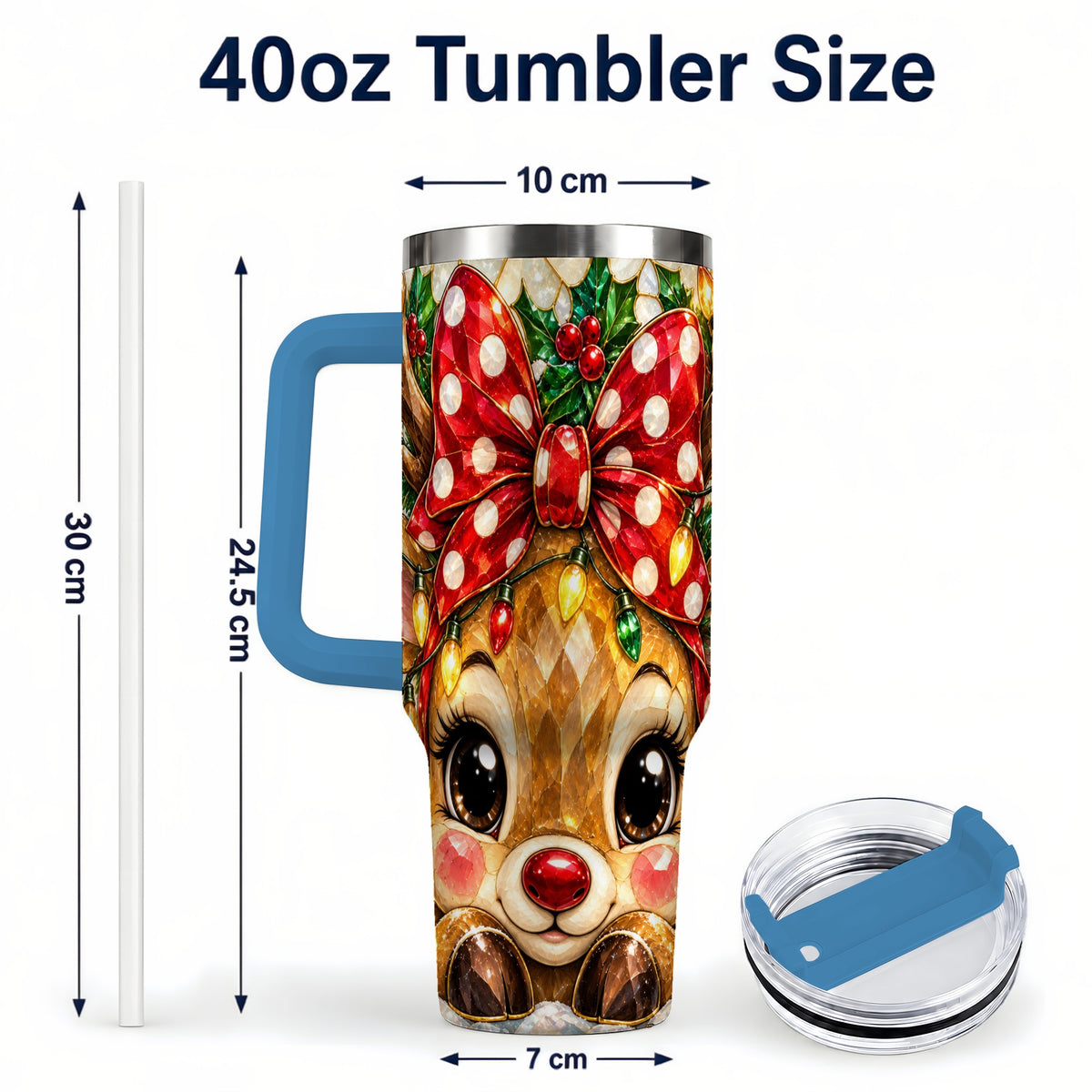 #pl[40oz|Blue] Mosaic Reindeer 40oz Tumbler with Handle, Christmas Stainless Steel Cup