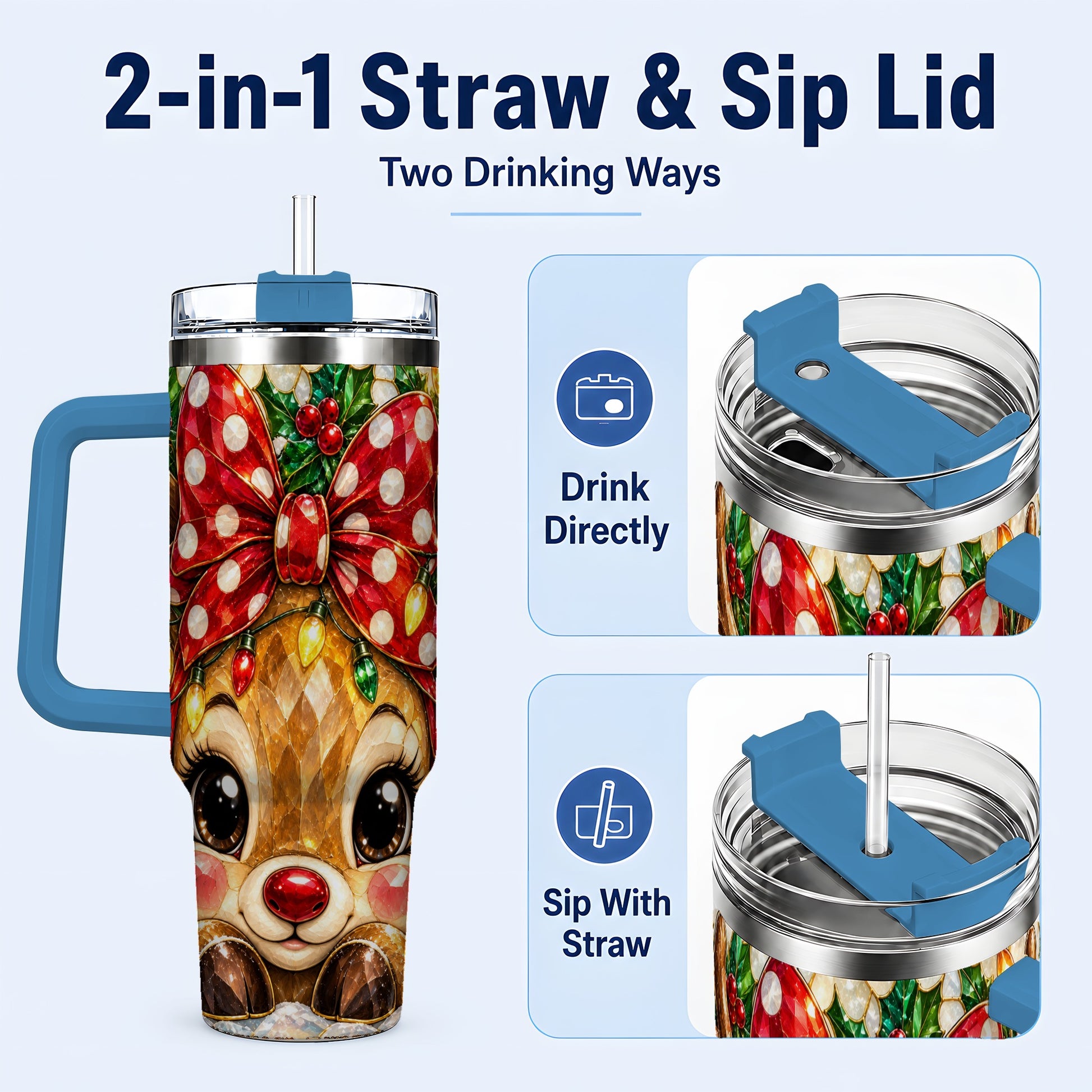 #pl[40oz|Blue] Mosaic Reindeer 40oz Tumbler with Handle, Christmas Stainless Steel Cup