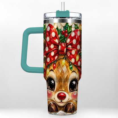 #pl[40oz|Green] Mosaic Reindeer 40oz Tumbler with Handle, Christmas Stainless Steel Cup
