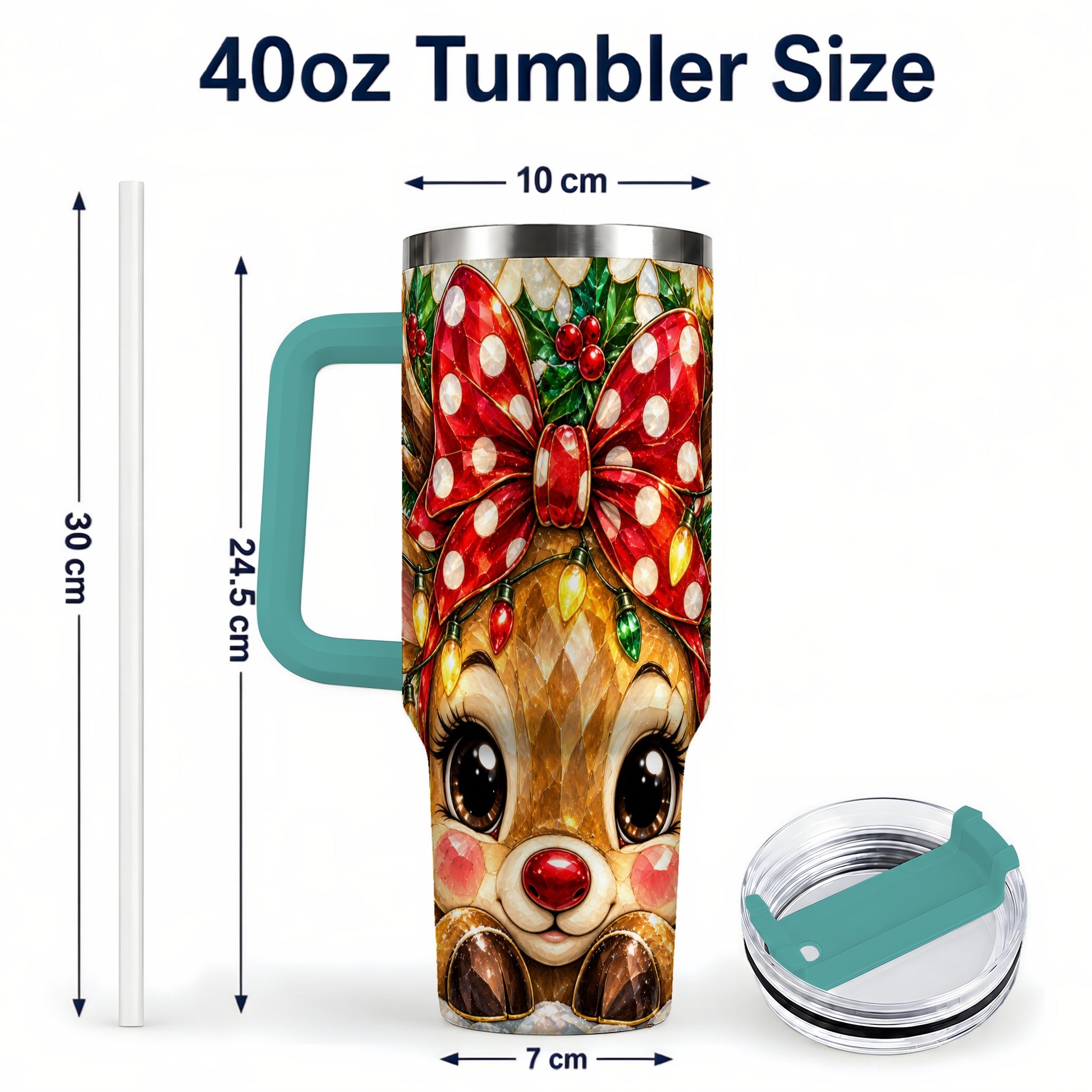 #pl[40oz|Green] Mosaic Reindeer 40oz Tumbler with Handle, Christmas Stainless Steel Cup