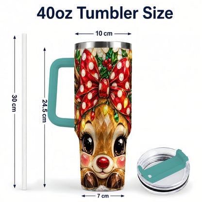 #pl[40oz|Green] Mosaic Reindeer 40oz Tumbler with Handle, Christmas Stainless Steel Cup