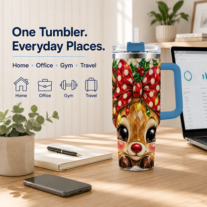 #pl[40oz|Blue] Mosaic Reindeer 40oz Tumbler with Handle, Christmas Stainless Steel Cup