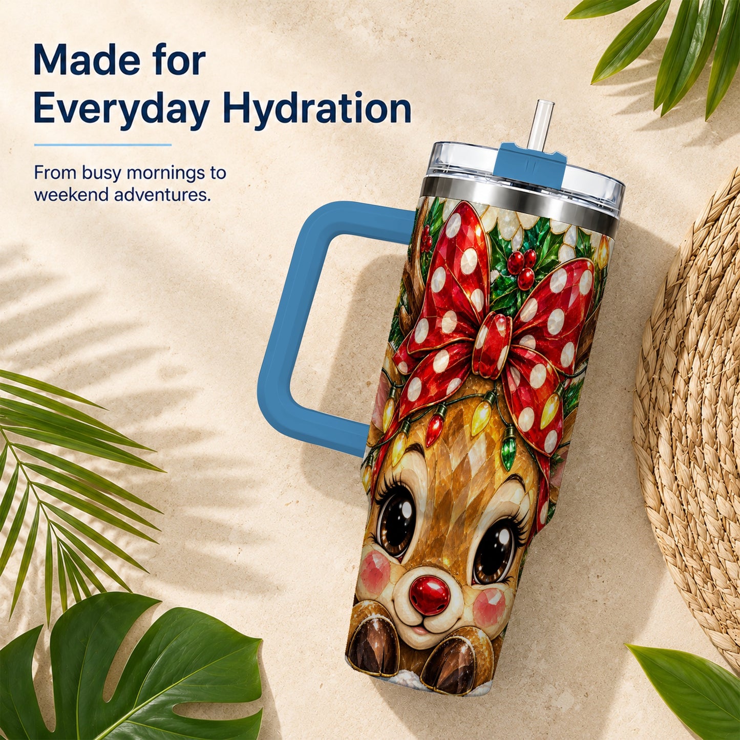 #pl[40oz|Blue] Mosaic Reindeer 40oz Tumbler with Handle, Christmas Stainless Steel Cup