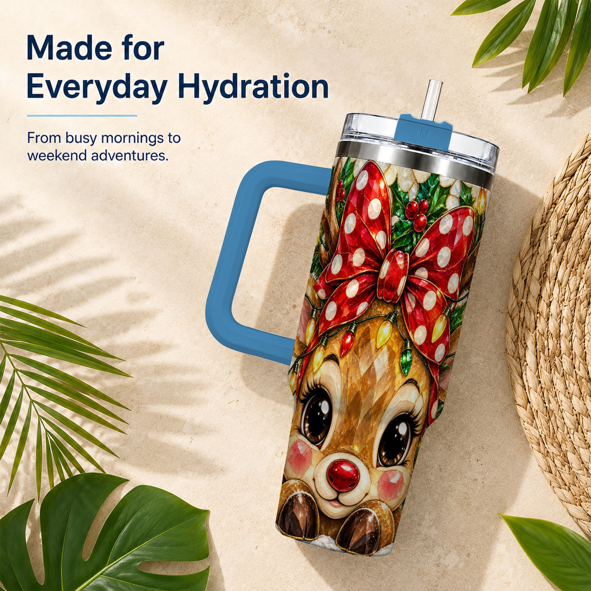 #pl[40oz|Blue] Mosaic Reindeer 40oz Tumbler with Handle, Christmas Stainless Steel Cup