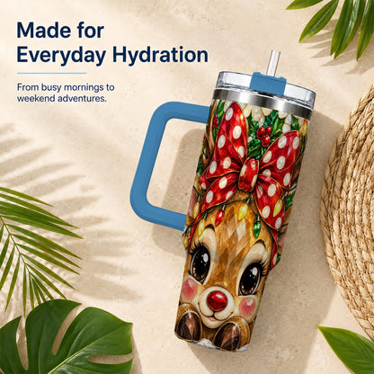 #pl[40oz|Blue] Mosaic Reindeer 40oz Tumbler with Handle, Christmas Stainless Steel Cup