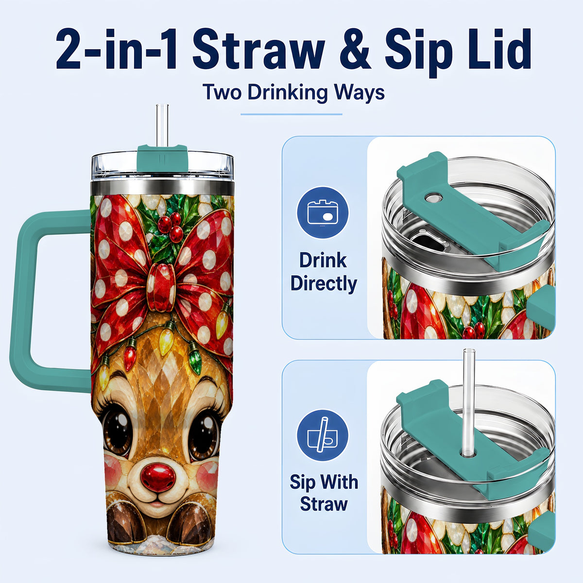 #pl[40oz|Green] Mosaic Reindeer 40oz Tumbler with Handle, Christmas Stainless Steel Cup