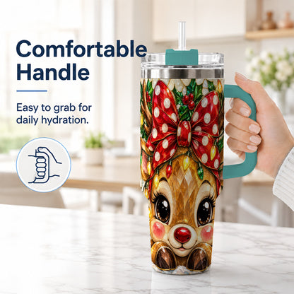 #pl[40oz|Green] Mosaic Reindeer 40oz Tumbler with Handle, Christmas Stainless Steel Cup