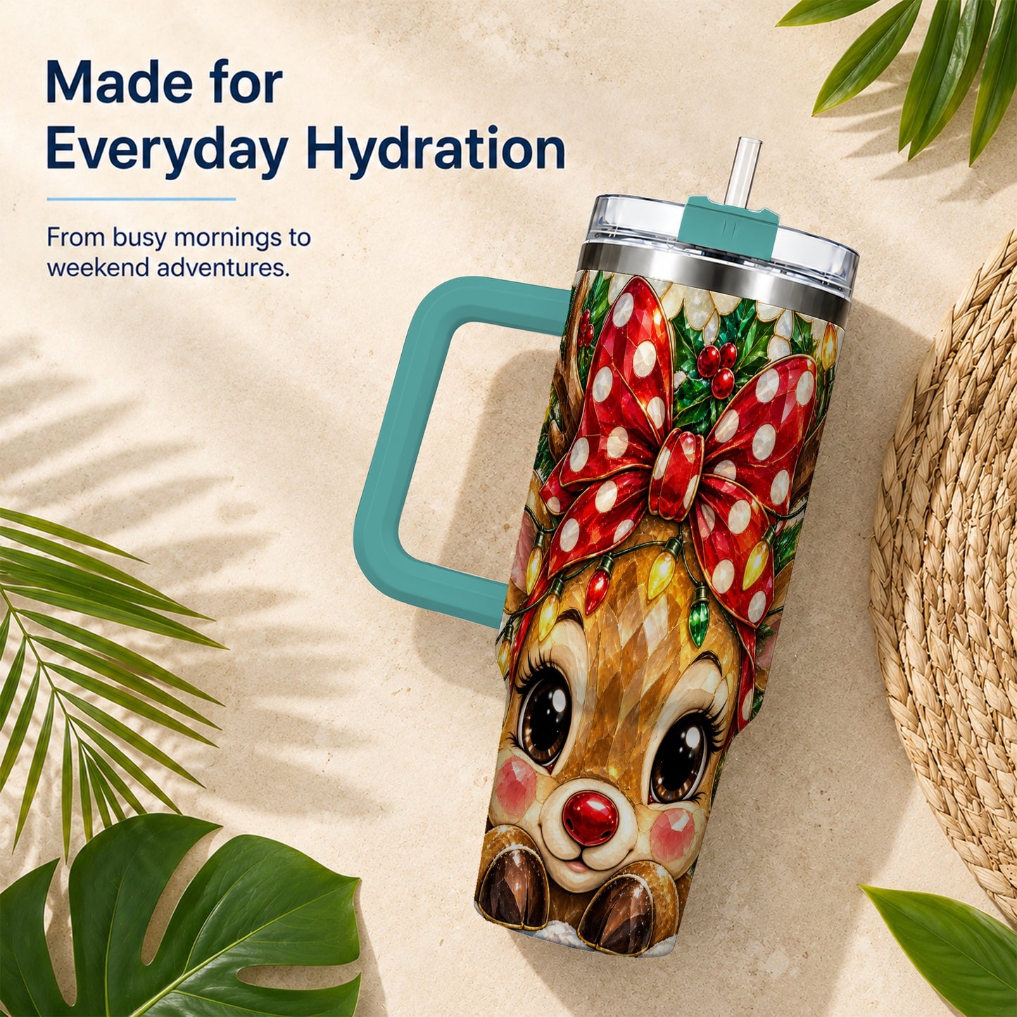 #pl[40oz|Green] Mosaic Reindeer 40oz Tumbler with Handle, Christmas Stainless Steel Cup