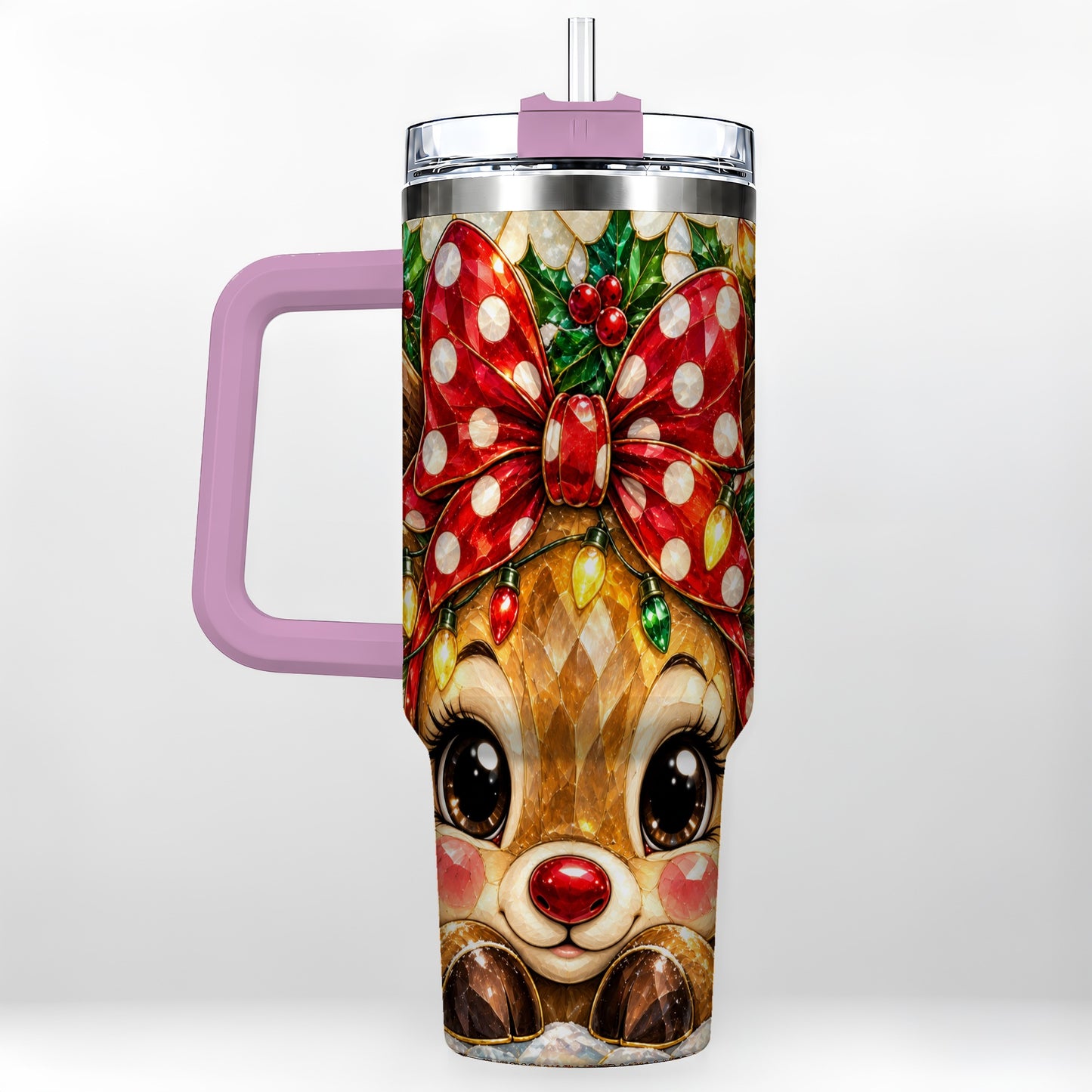 #pl[40oz|Pink] Mosaic Reindeer 40oz Tumbler with Handle, Christmas Stainless Steel Cup
