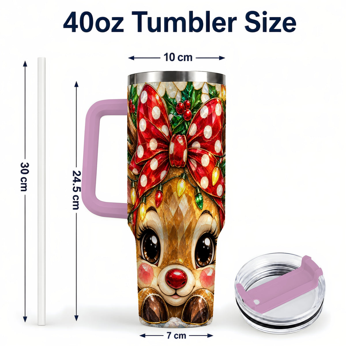 #pl[40oz|Pink] Mosaic Reindeer 40oz Tumbler with Handle, Christmas Stainless Steel Cup