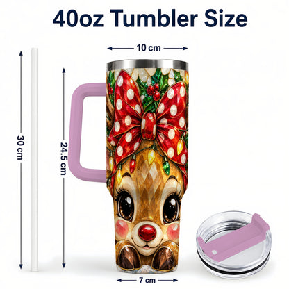 #pl[40oz|Pink] Mosaic Reindeer 40oz Tumbler with Handle, Christmas Stainless Steel Cup