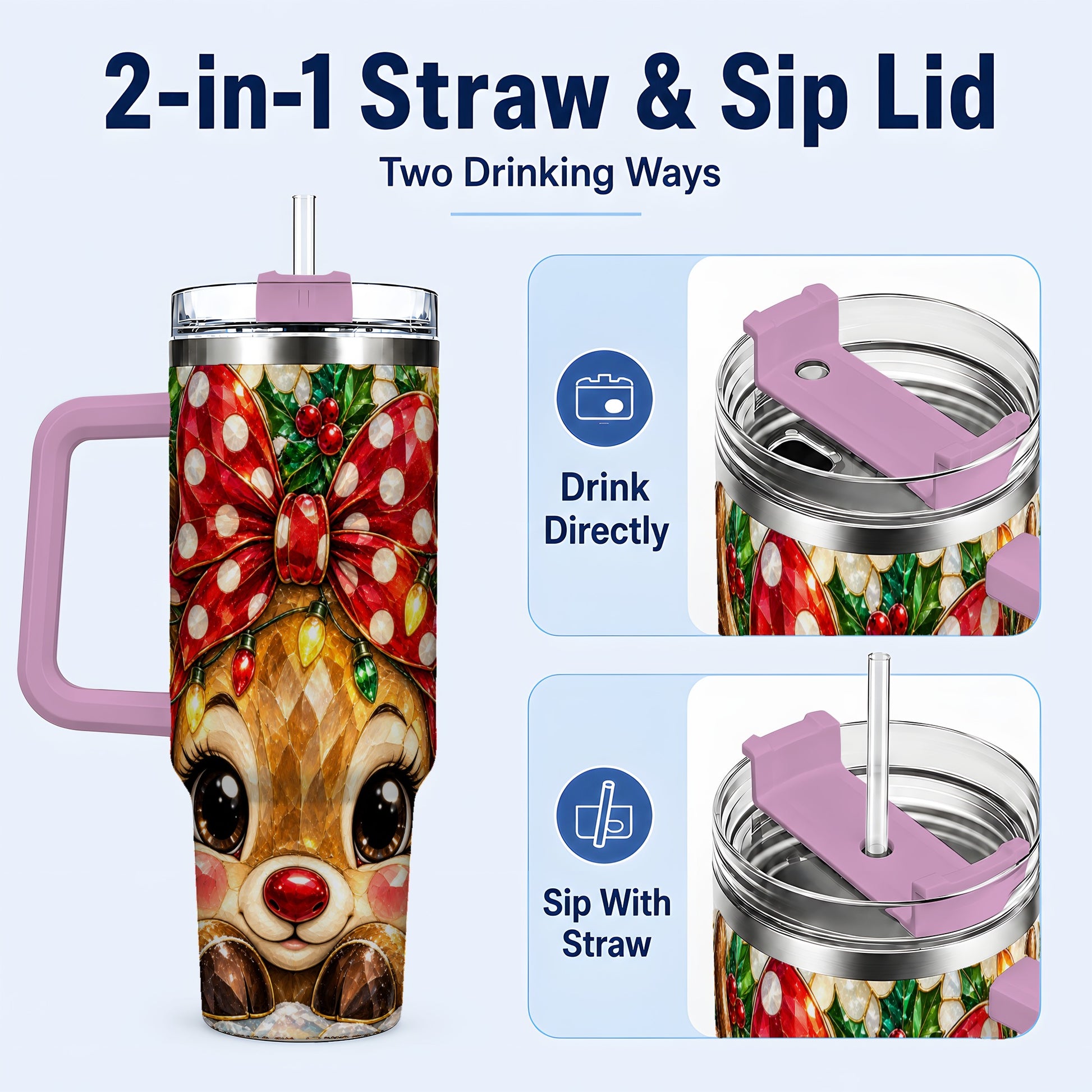 #pl[40oz|Pink] Mosaic Reindeer 40oz Tumbler with Handle, Christmas Stainless Steel Cup