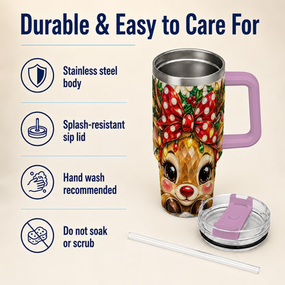 #pl[40oz|Pink] Mosaic Reindeer 40oz Tumbler with Handle, Christmas Stainless Steel Cup