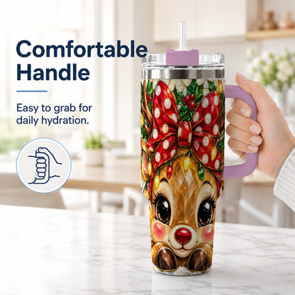 #pl[40oz|Pink] Mosaic Reindeer 40oz Tumbler with Handle, Christmas Stainless Steel Cup