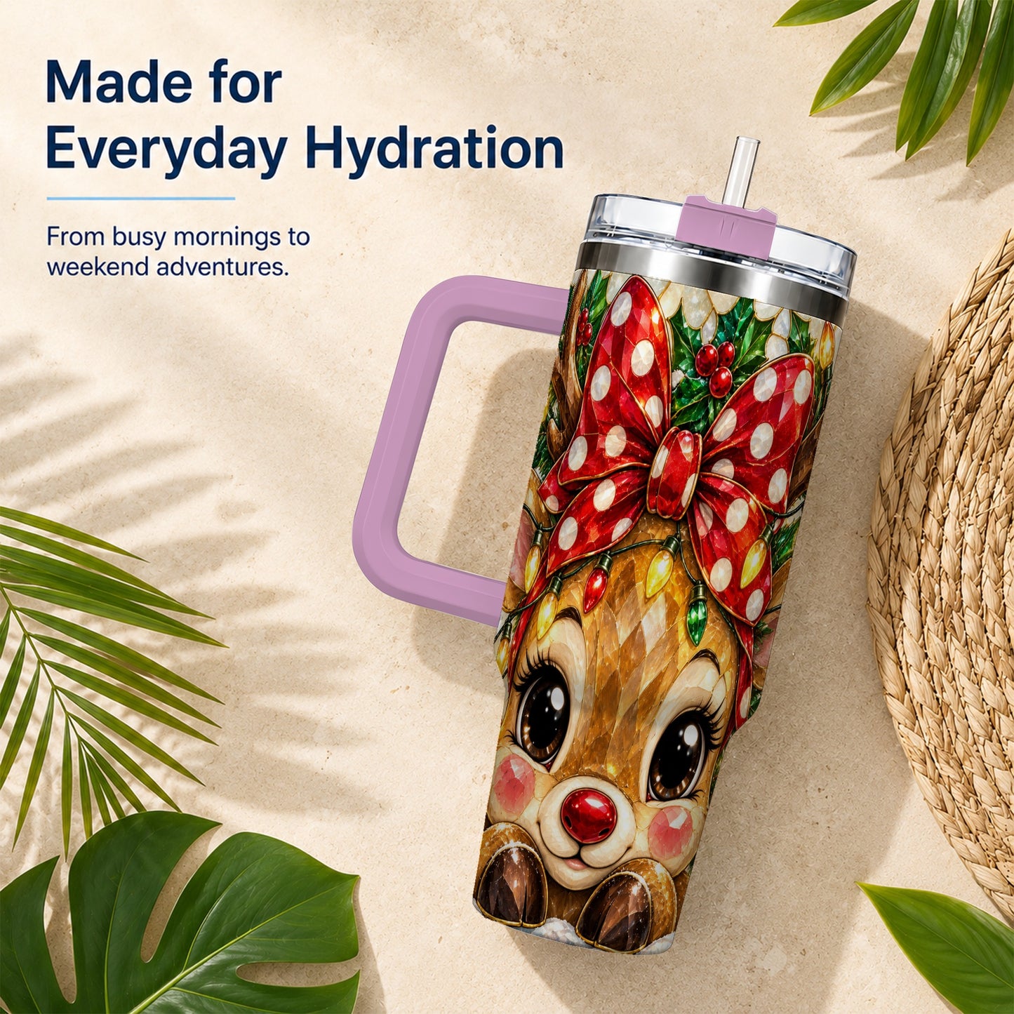 #pl[40oz|Pink] Mosaic Reindeer 40oz Tumbler with Handle, Christmas Stainless Steel Cup