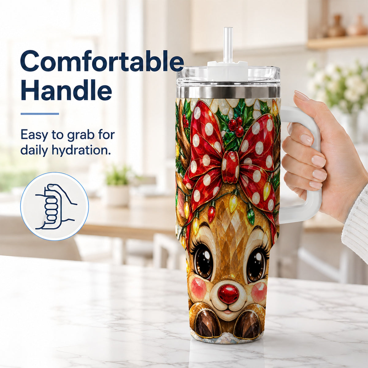 #pl[40oz|White] Mosaic Reindeer 40oz Tumbler with Handle, Christmas Stainless Steel Cup
