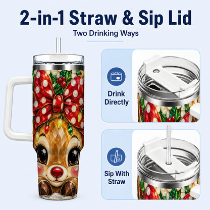 #pl[40oz|White] Mosaic Reindeer 40oz Tumbler with Handle, Christmas Stainless Steel Cup