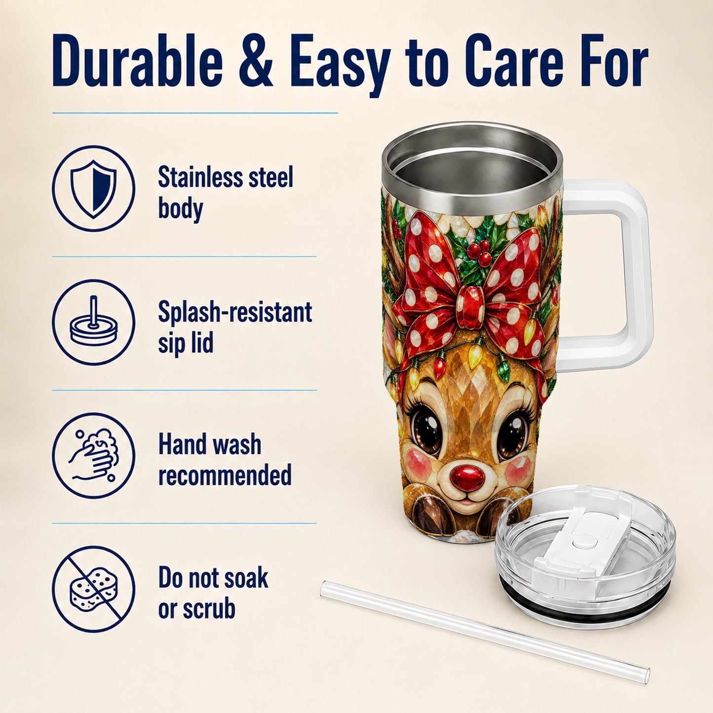 #pl[40oz|White] Mosaic Reindeer 40oz Tumbler with Handle, Christmas Stainless Steel Cup