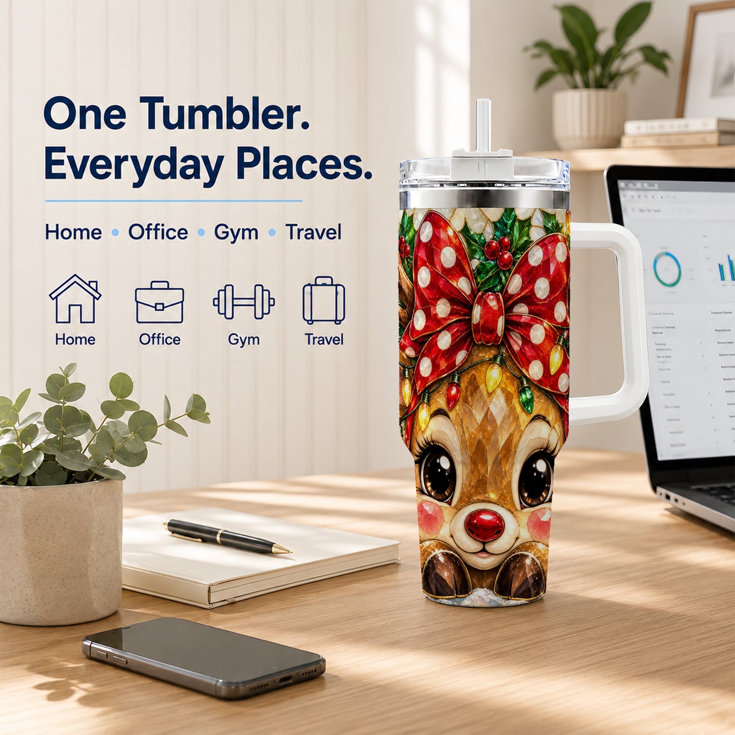 #pl[40oz|White] Mosaic Reindeer 40oz Tumbler with Handle, Christmas Stainless Steel Cup