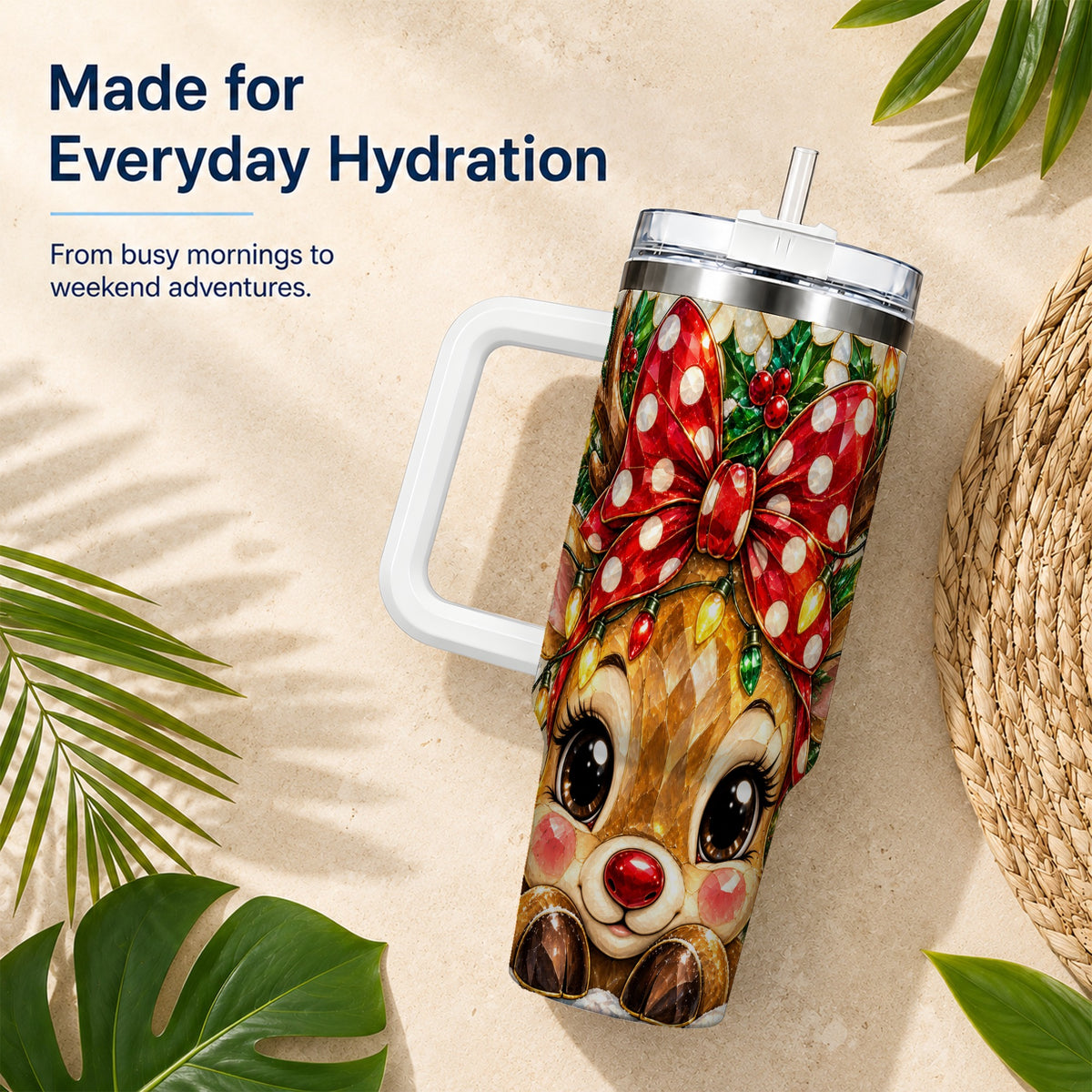 #pl[40oz|White] Mosaic Reindeer 40oz Tumbler with Handle, Christmas Stainless Steel Cup