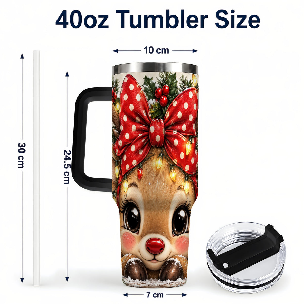#pl[40oz|Black] Cute Reindeer 40oz Tumbler with Handle, Holiday Stainless Steel Cup