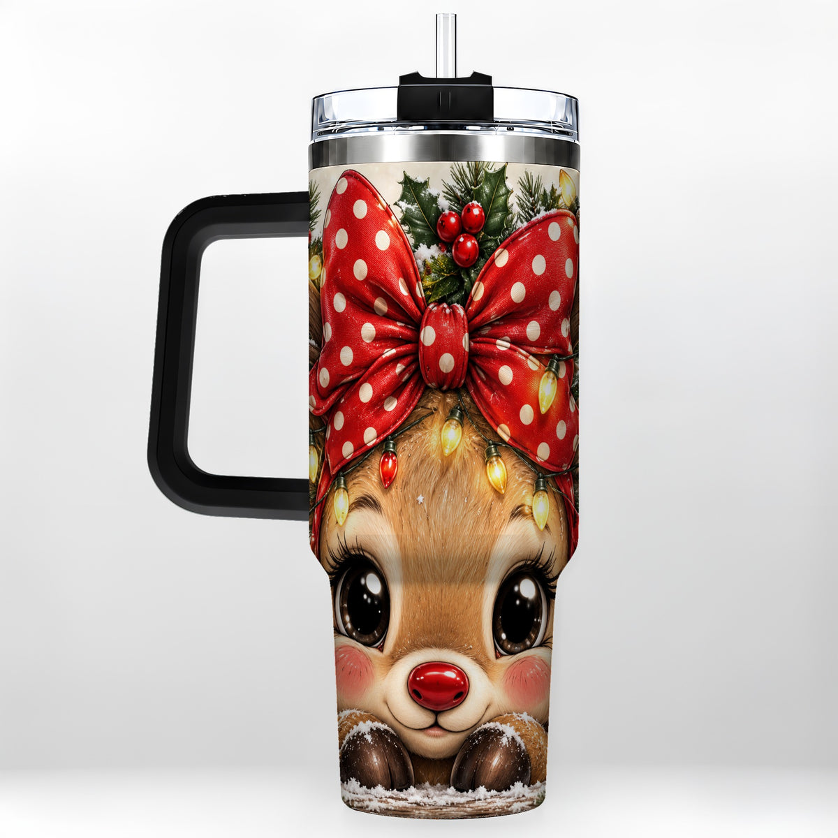 #pl[40oz|Black] Cute Reindeer 40oz Tumbler with Handle, Holiday Stainless Steel Cup