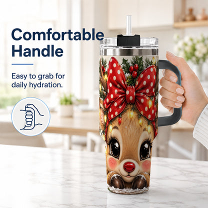 #pl[40oz|Black] Cute Reindeer 40oz Tumbler with Handle, Holiday Stainless Steel Cup